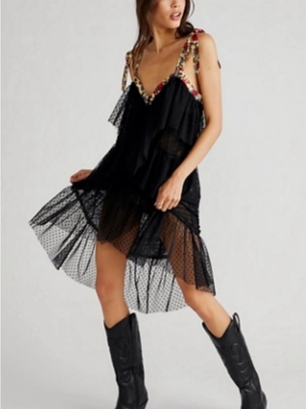 Free People Midnights Mesh Dress Size Medium Black Ruffle Tiered Midi Short Long